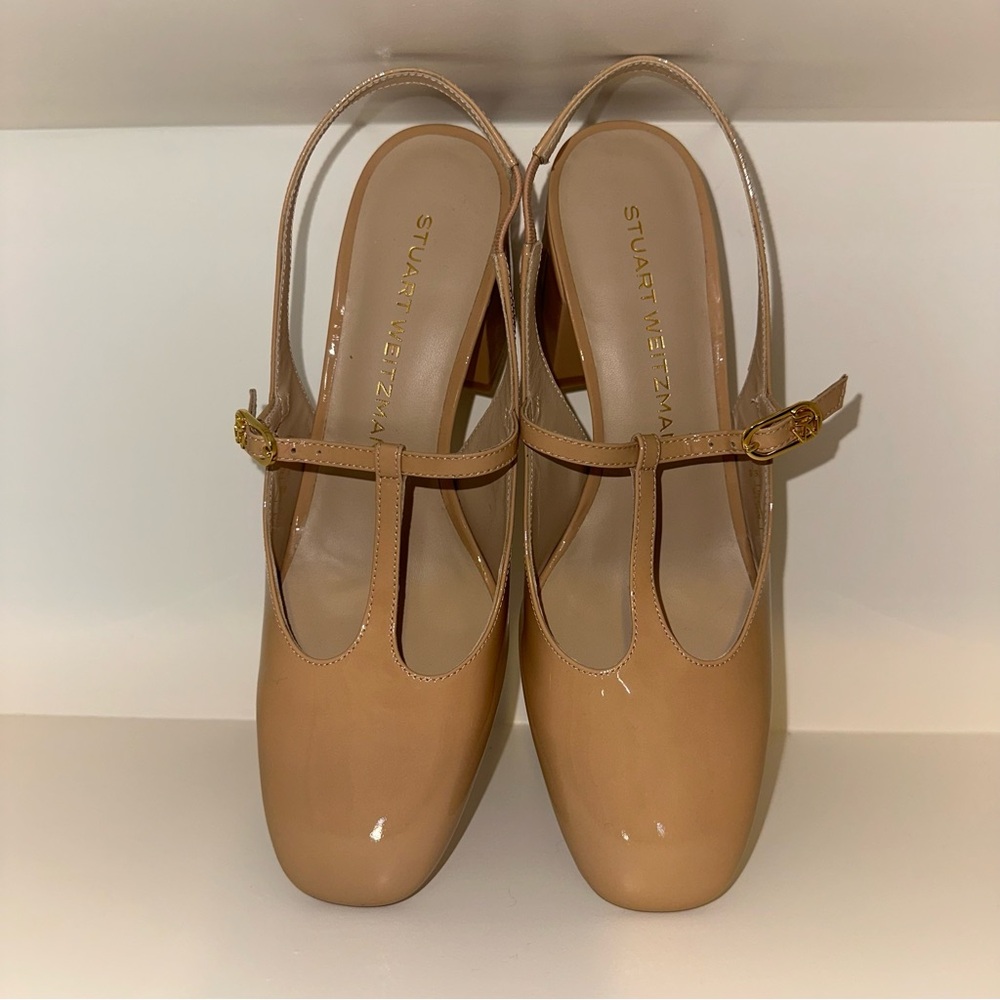 Stuart Weitzman Jane t-strap slingback nude patent leather sz 8